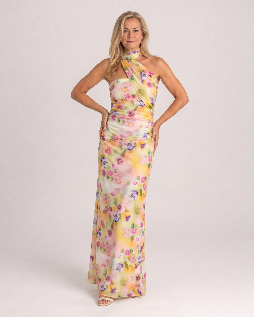 Fijem | Watercolor Floral One Shoulder Halter Maxi Dress
