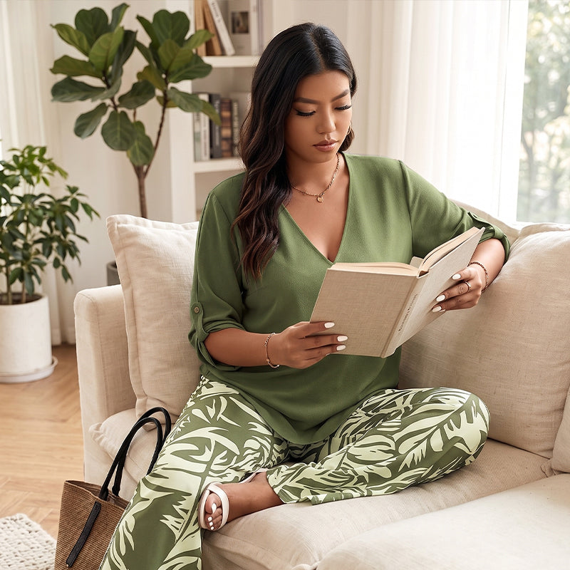 Leire | V-Neck Blouse & Botanical Wide-Leg Trouser Set