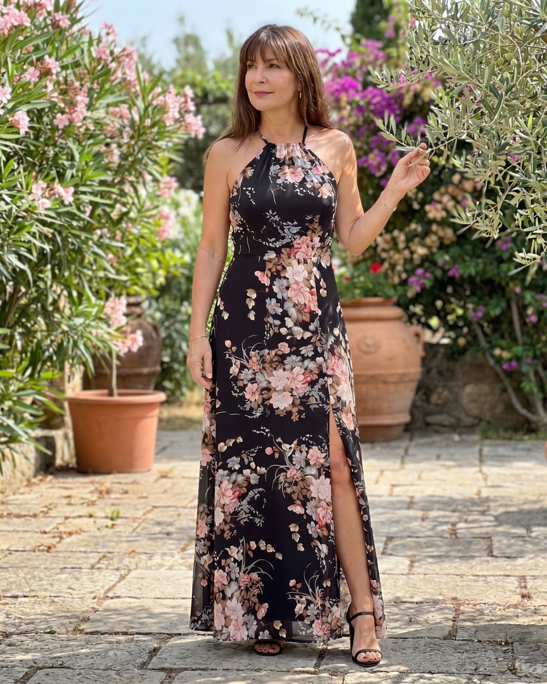 Loliane | Floral Halter Neck Side Slit Midi Dress