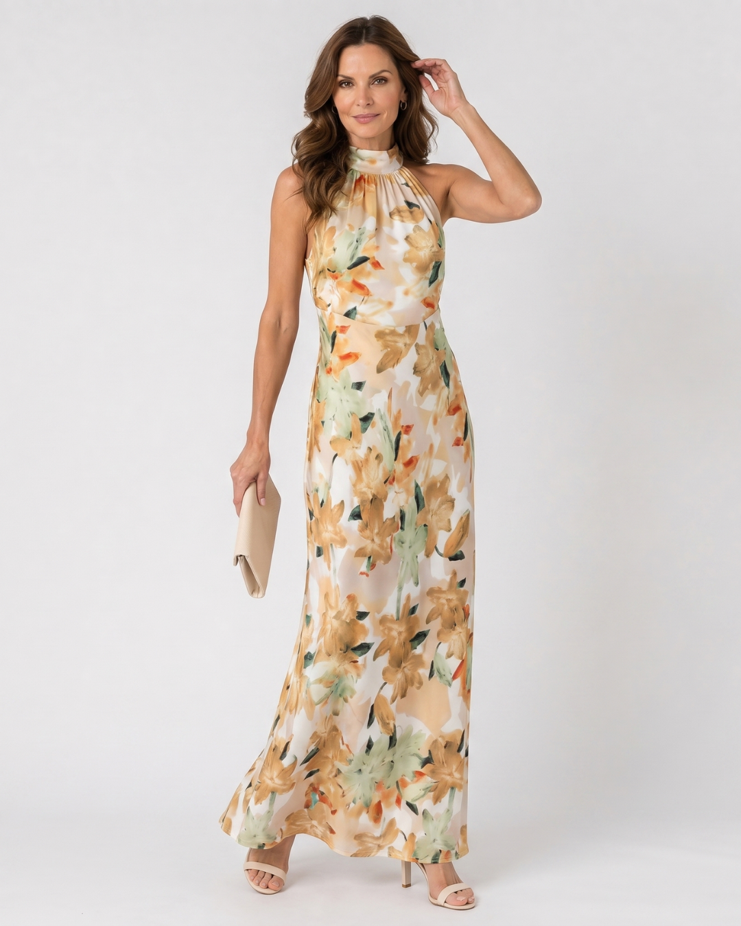 Cekel | Botanical Print Halter Neck Flowing Midi Dress