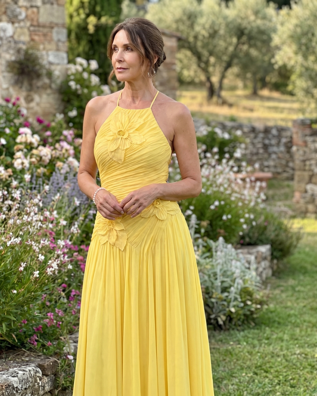 Stephene | Pleated Halter Neck Floral Detail Maxi Dress