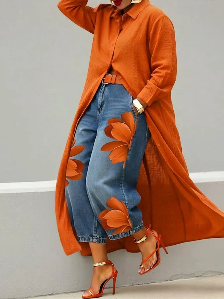Maud - Linen Shirt Dress and Floral Jeans