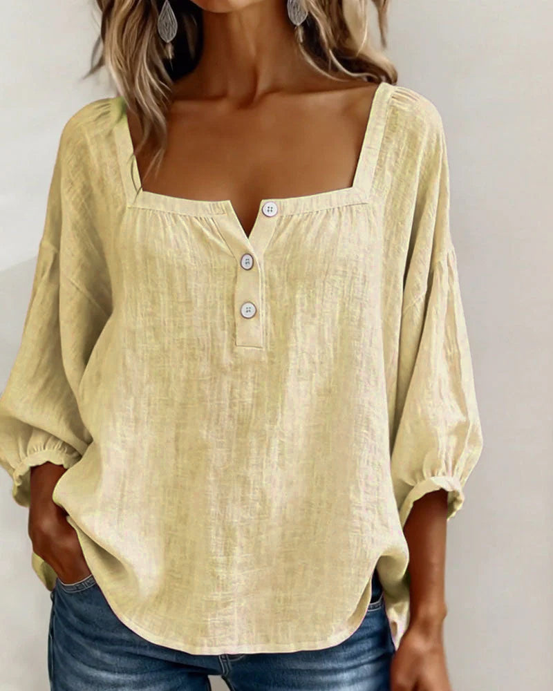 Fiona | Women's Square Neck Blouse 3/4 Puff Sleeve Button Top