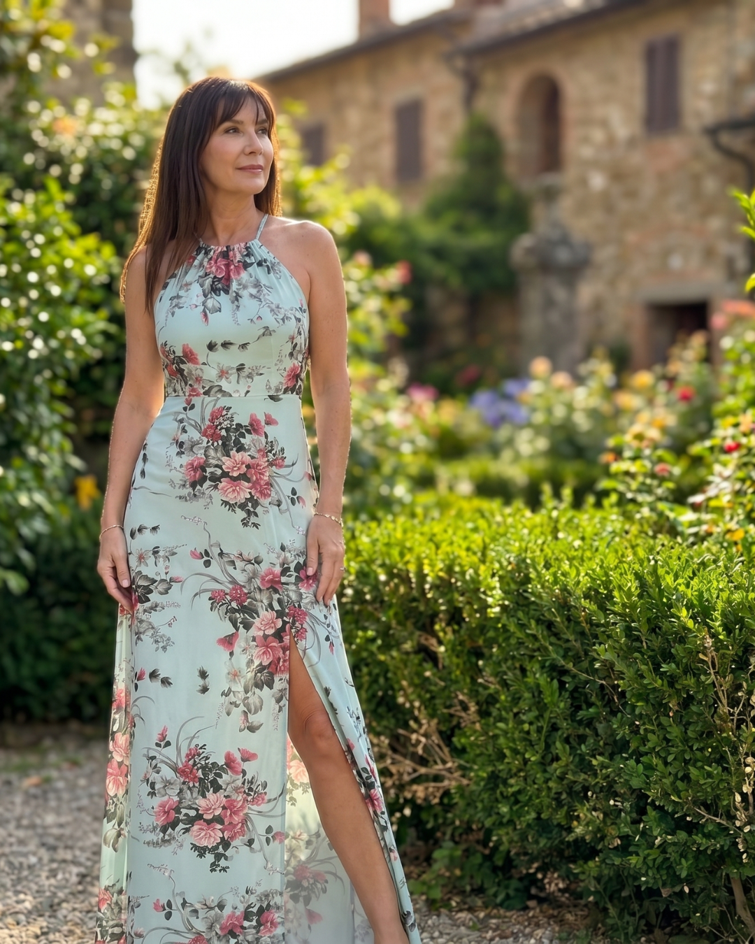 Loliane | Floral Halter Neck Side Slit Midi Dress