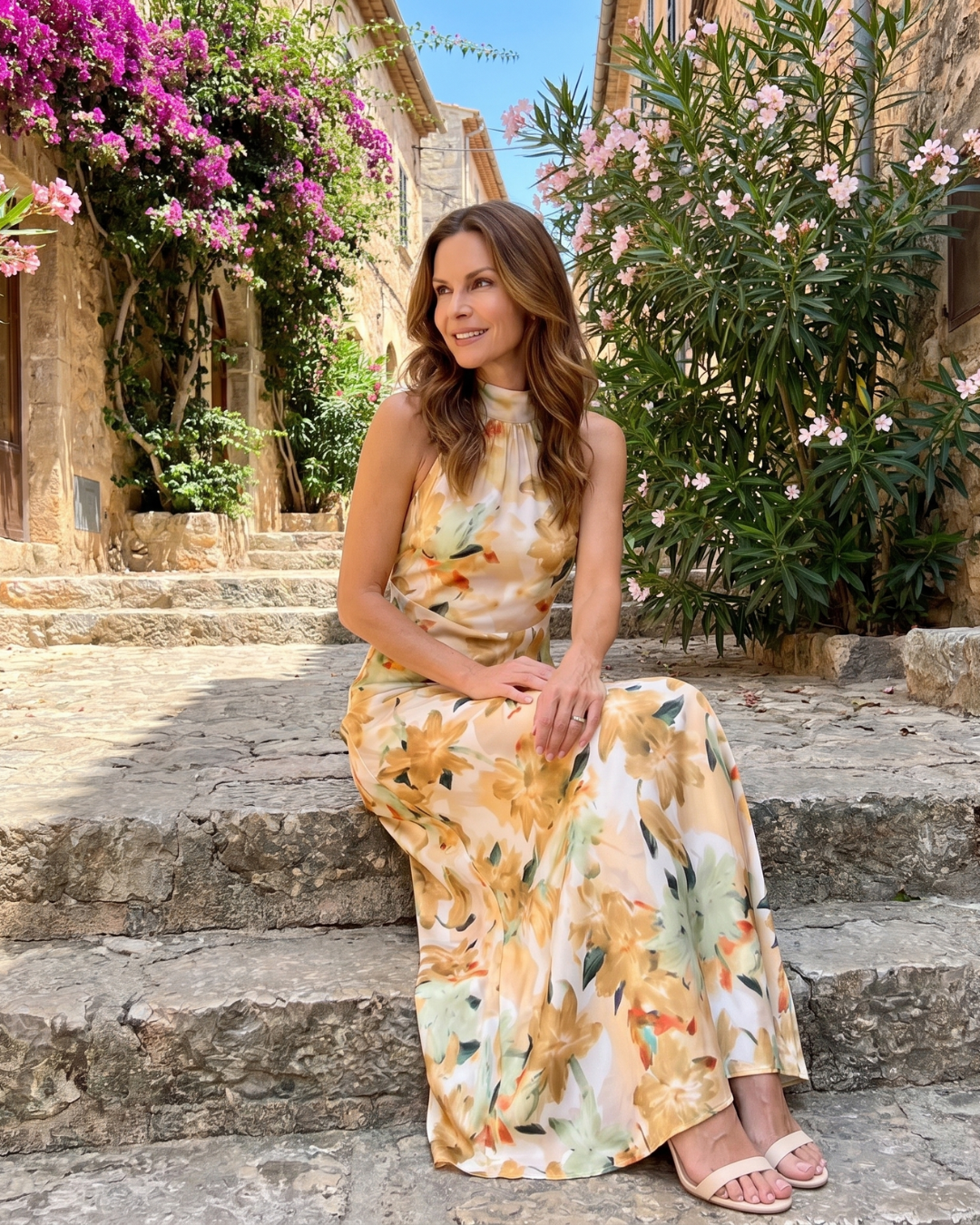 Cekel | Botanical Print Halter Neck Flowing Midi Dress
