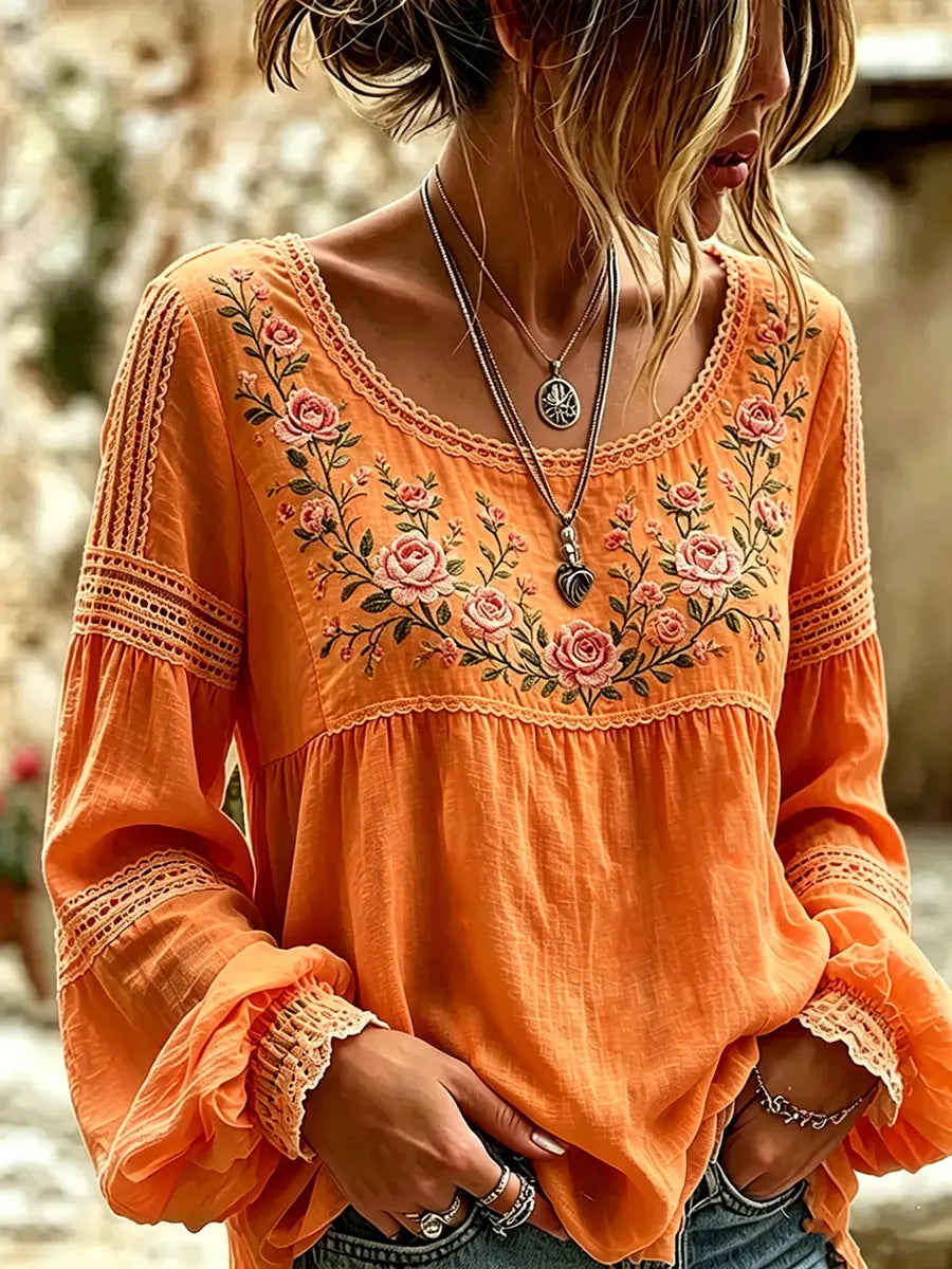 Mireille | Rose Embroidered Linen Blouse with Elegant Lace Details