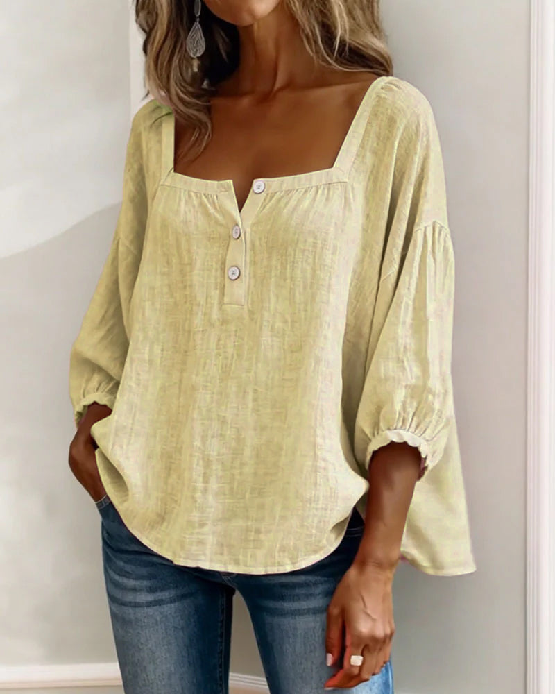 Fiona | Women's Square Neck Blouse 3/4 Puff Sleeve Button Top