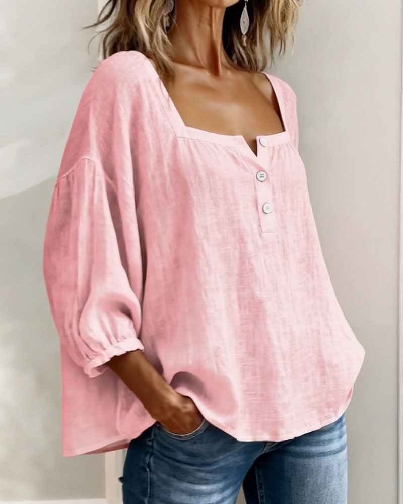Fiona | Women's Square Neck Blouse 3/4 Puff Sleeve Button Top