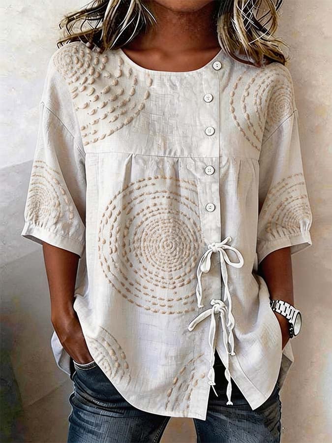 Celia Blouse — Embroidered Linen with Bow Detail