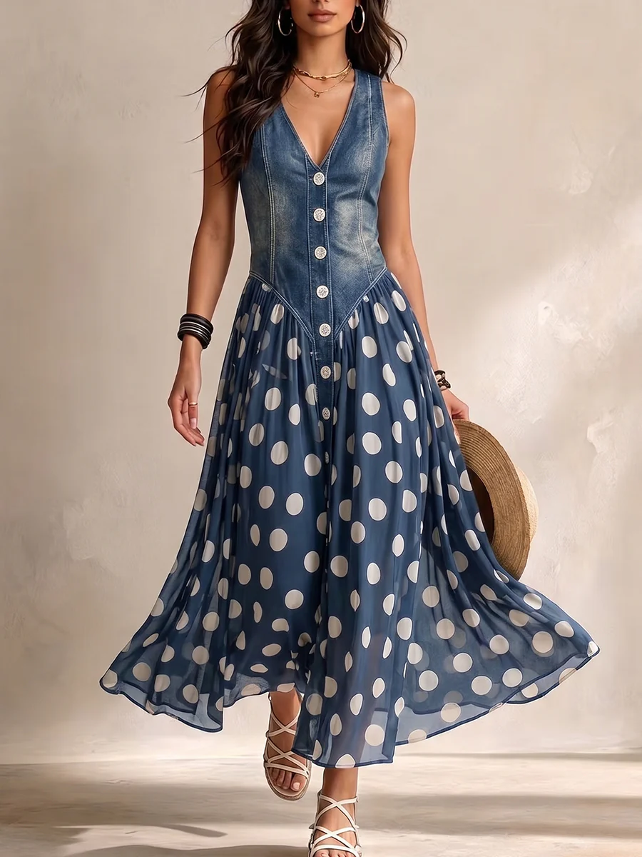Valeria™ | Elegant Denim Dress with Polka Dot Chiffon Skirt
