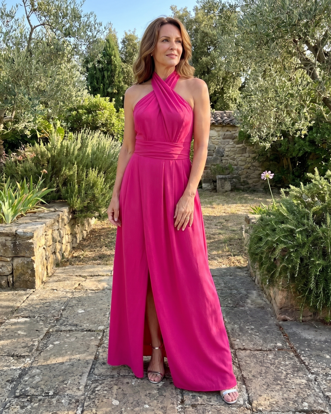 Cipa | Cross Halter Sleeveless Draped Midi Dress