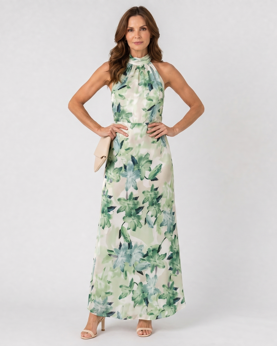 Cekel | Botanical Print Halter Neck Flowing Midi Dress