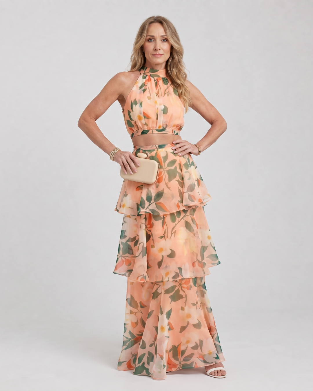 Mique | Natural Floral Halter Cutout Tiered Maxi Dress