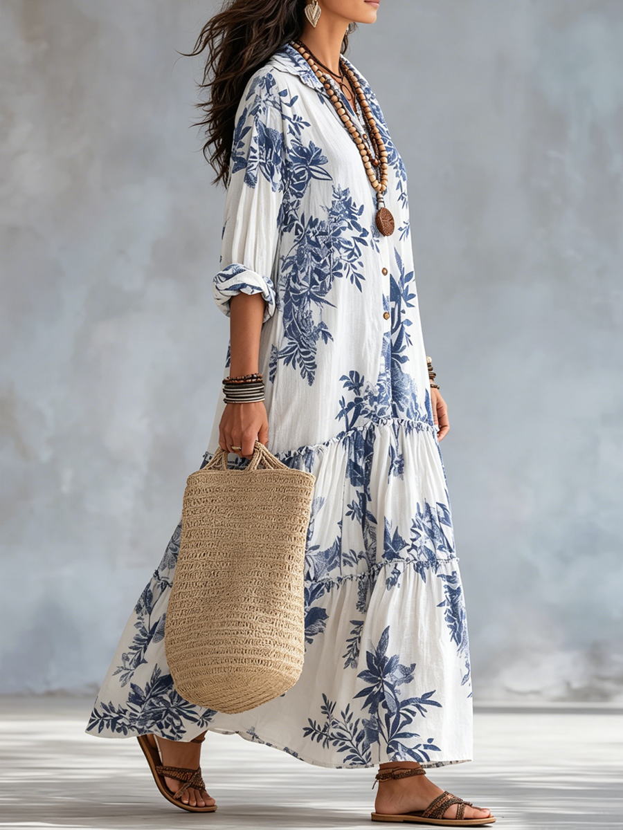 Faye | Blue Floral Button-Down Maxi Dress