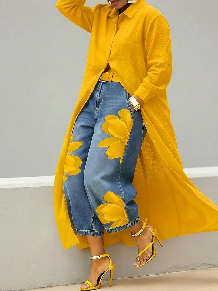 Maud - Linen Shirt Dress and Floral Jeans