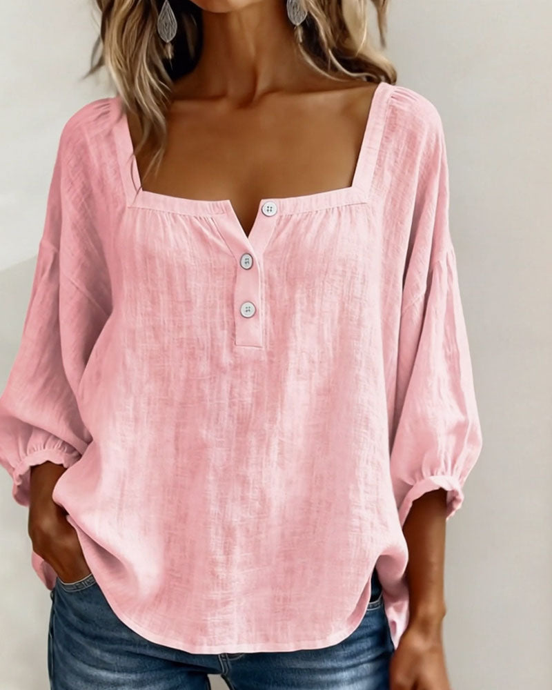 Fiona | Women's Square Neck Blouse 3/4 Puff Sleeve Button Top
