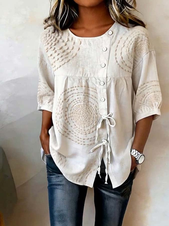 Celia Blouse — Embroidered Linen with Bow Detail