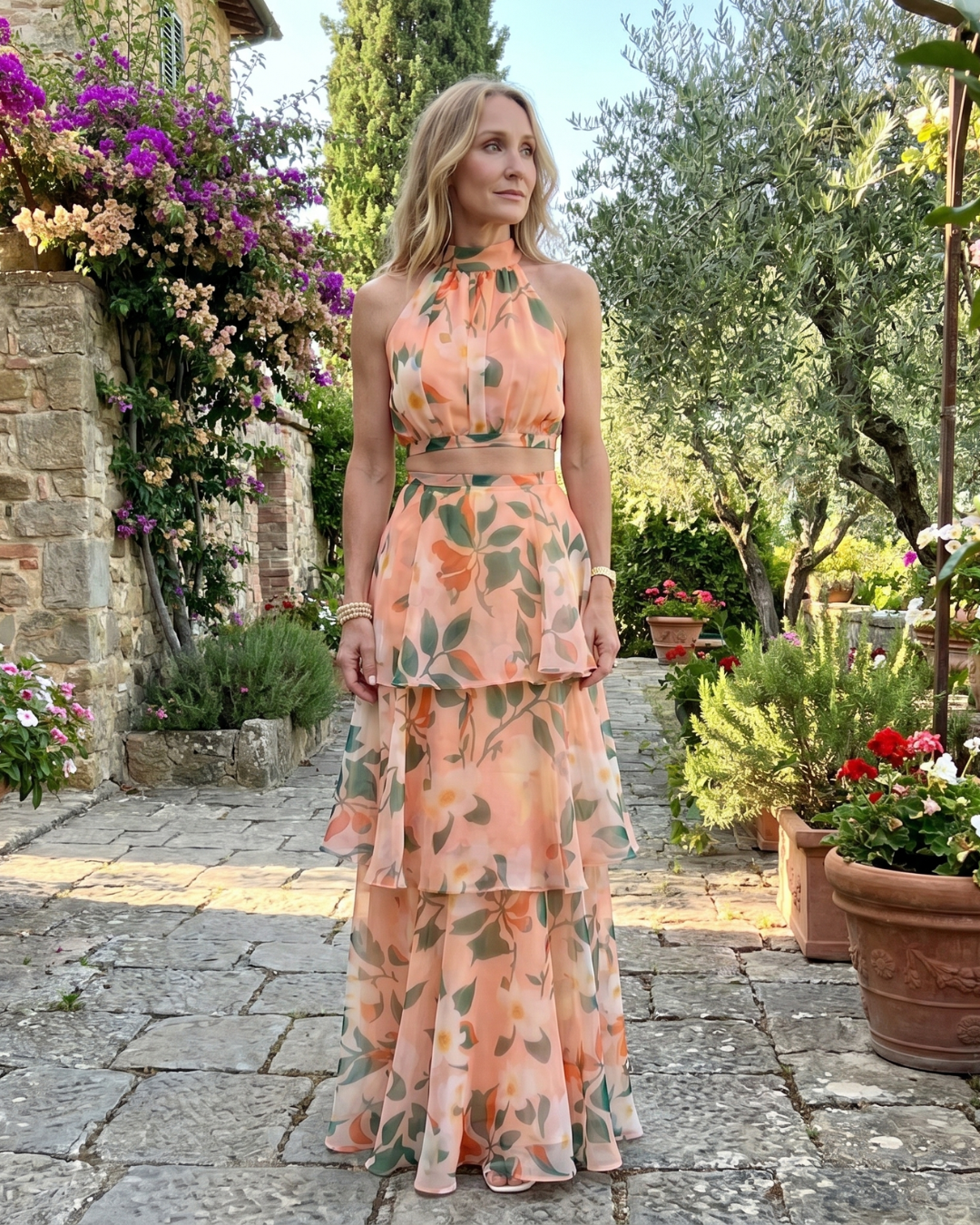 Mique | Natural Floral Halter Cutout Tiered Maxi Dress