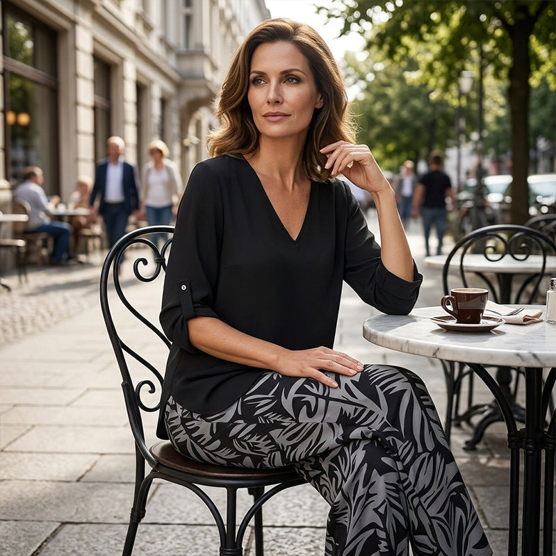 Leire | V-Neck Blouse & Botanical Wide-Leg Trouser Set