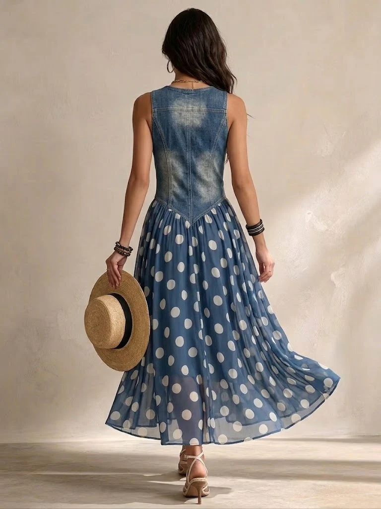 Valeria™ | Elegant Denim Dress with Polka Dot Chiffon Skirt