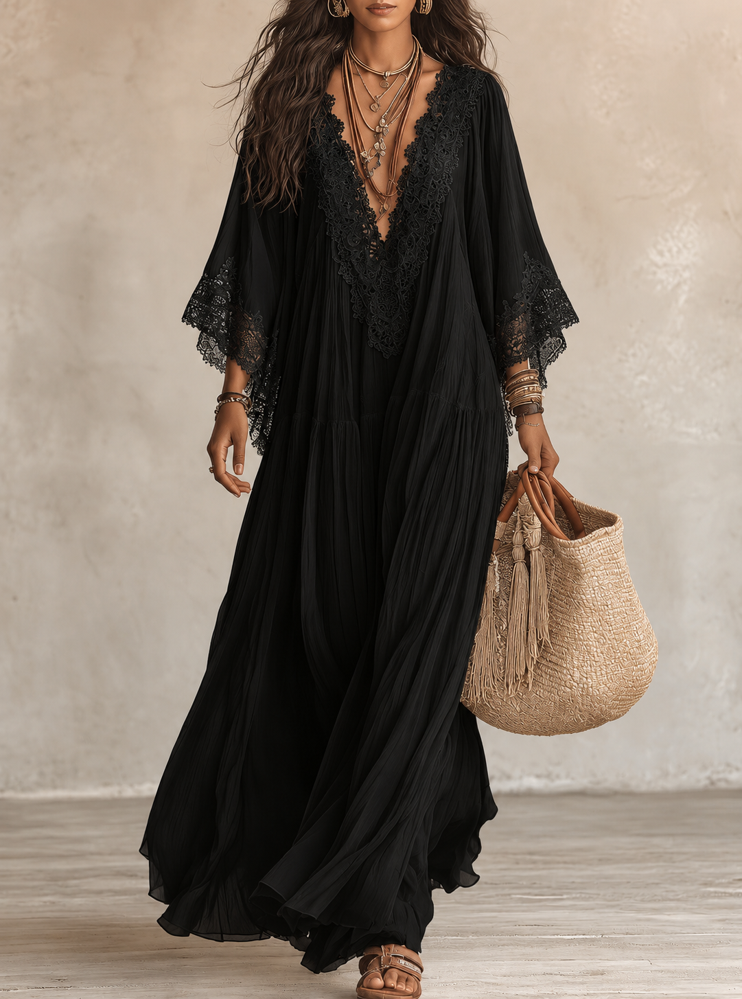 Colette | Long Ivory Chiffon and Lace Dress