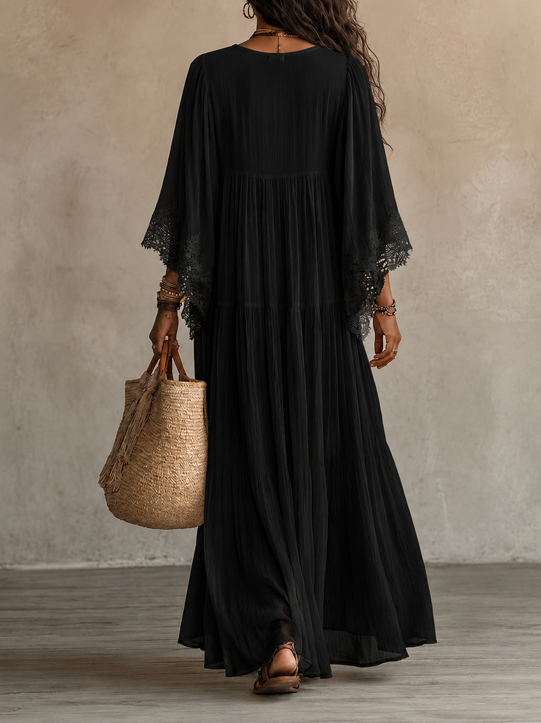 Colette | Long Ivory Chiffon and Lace Dress