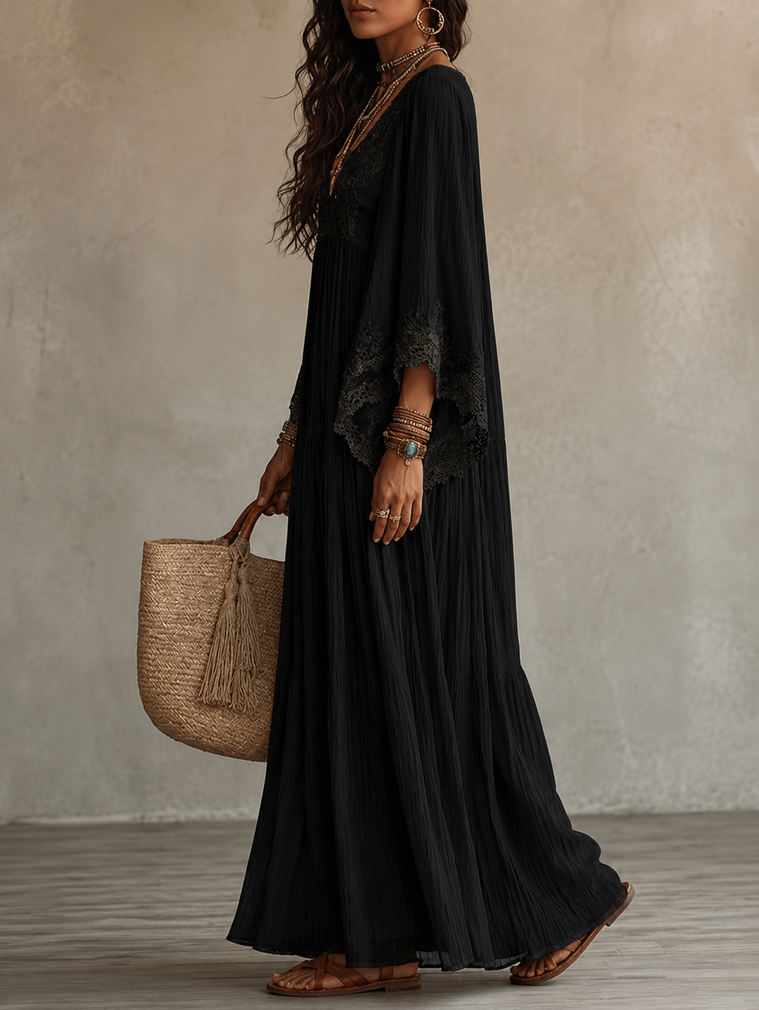 Colette | Long Ivory Chiffon and Lace Dress