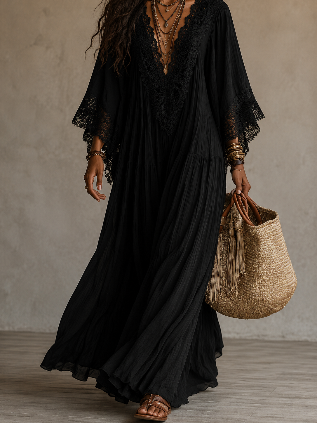 Colette | Long Ivory Chiffon and Lace Dress