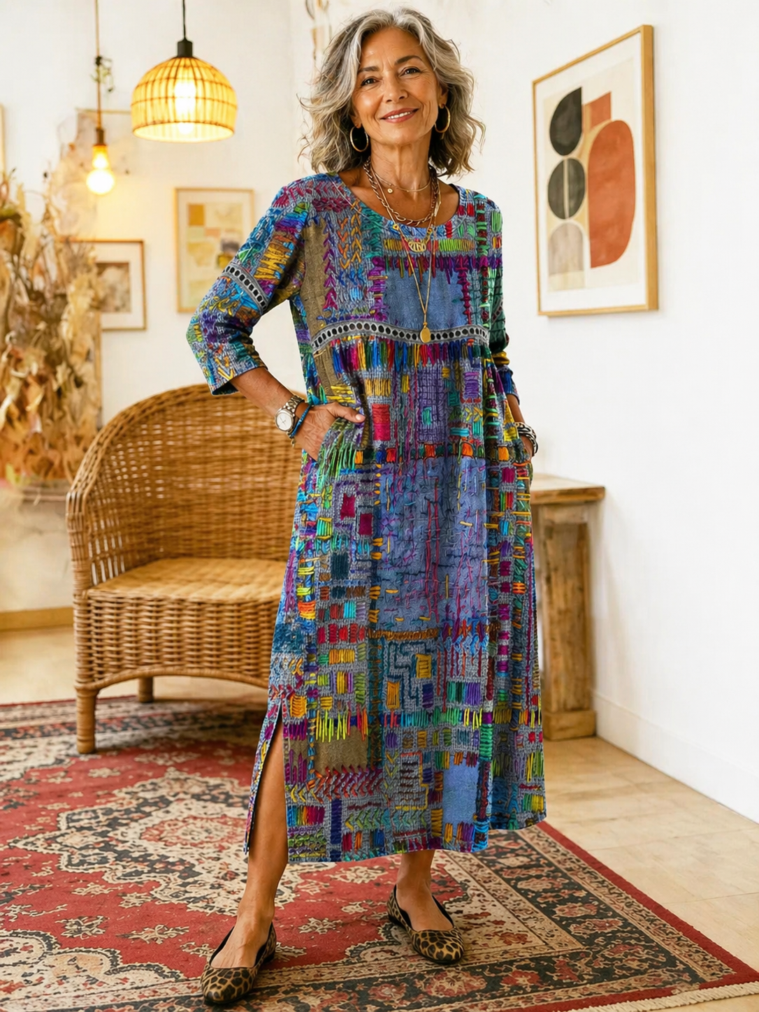 Isabelle | Denim dress with ethnic patchwork