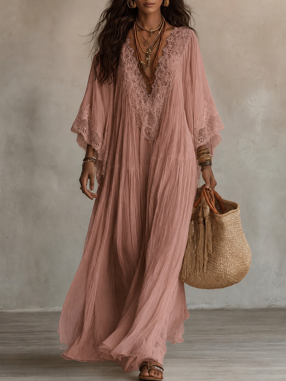 Colette | Long Ivory Chiffon and Lace Dress
