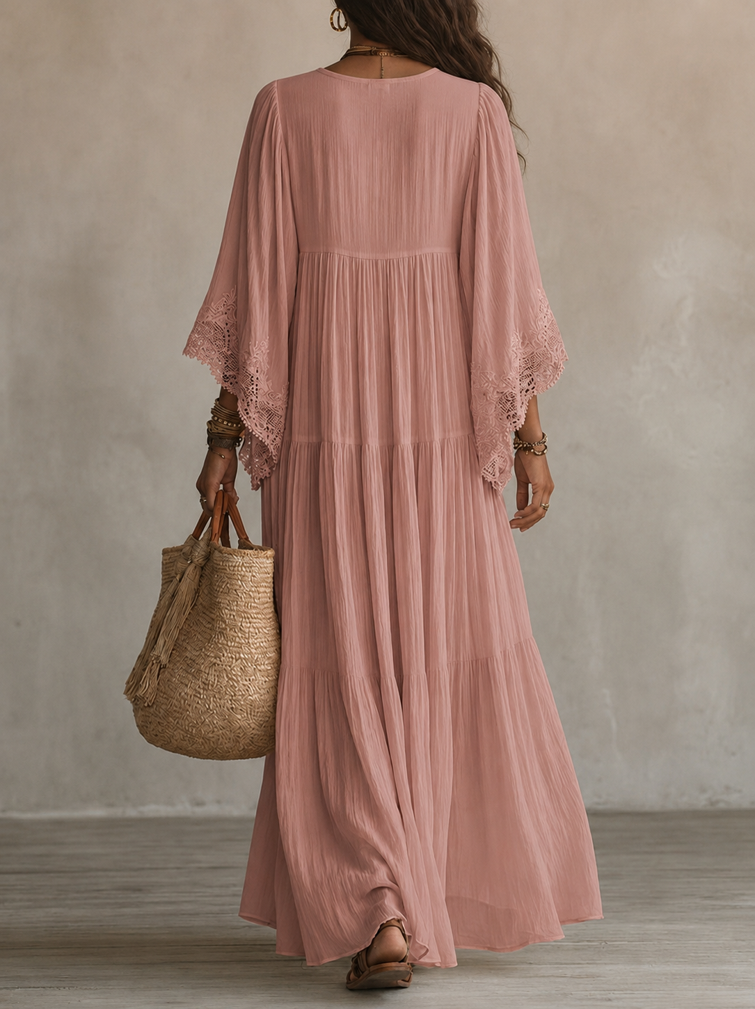 Colette | Long Ivory Chiffon and Lace Dress