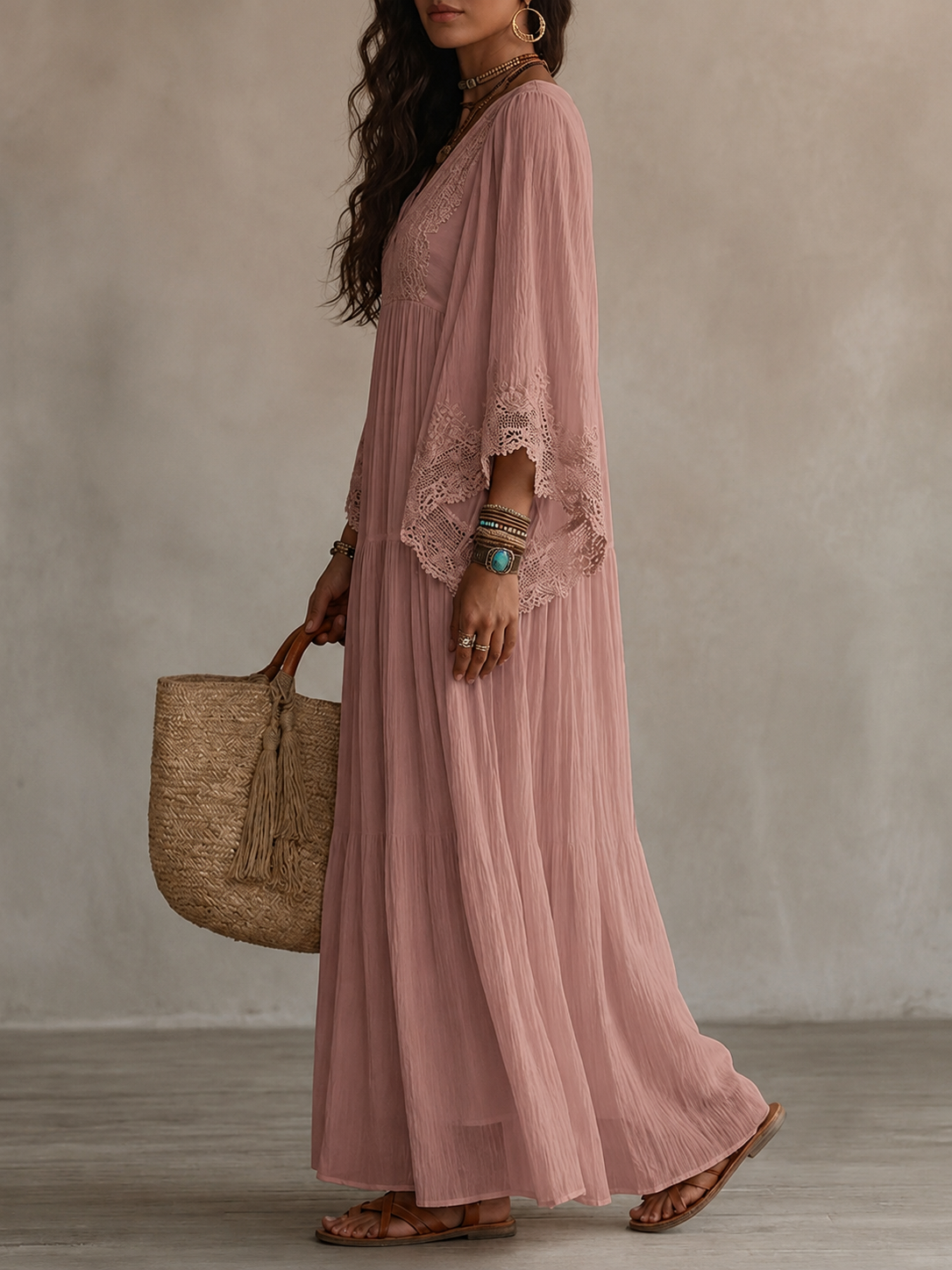 Colette | Long Ivory Chiffon and Lace Dress