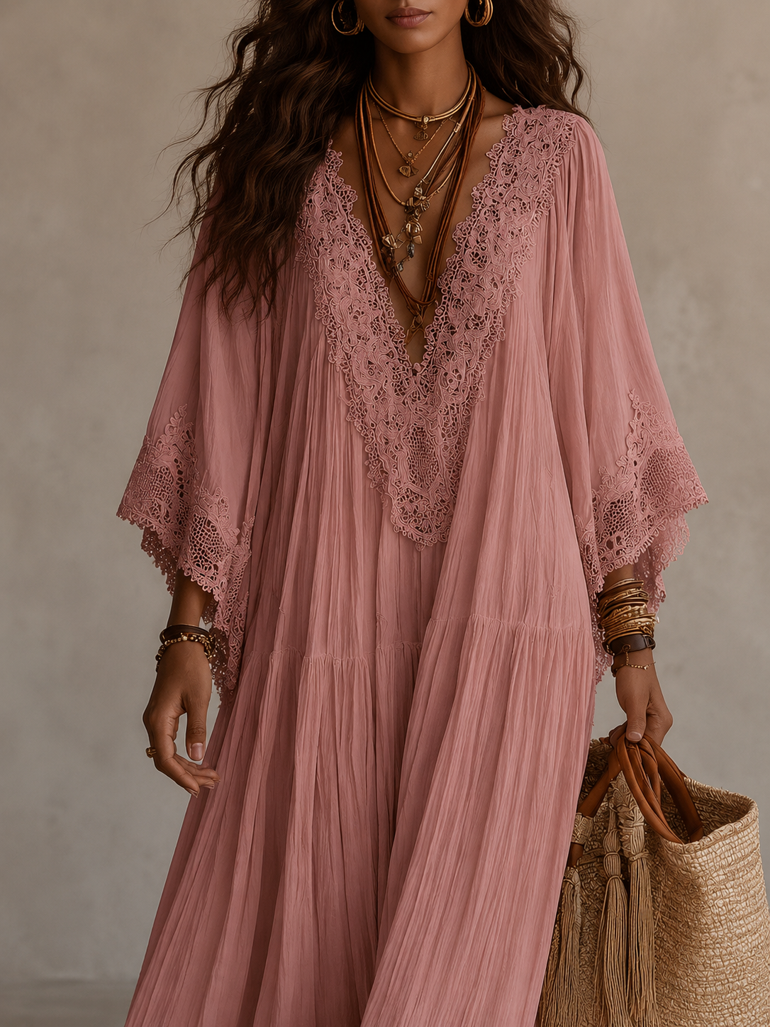 Colette | Long Ivory Chiffon and Lace Dress