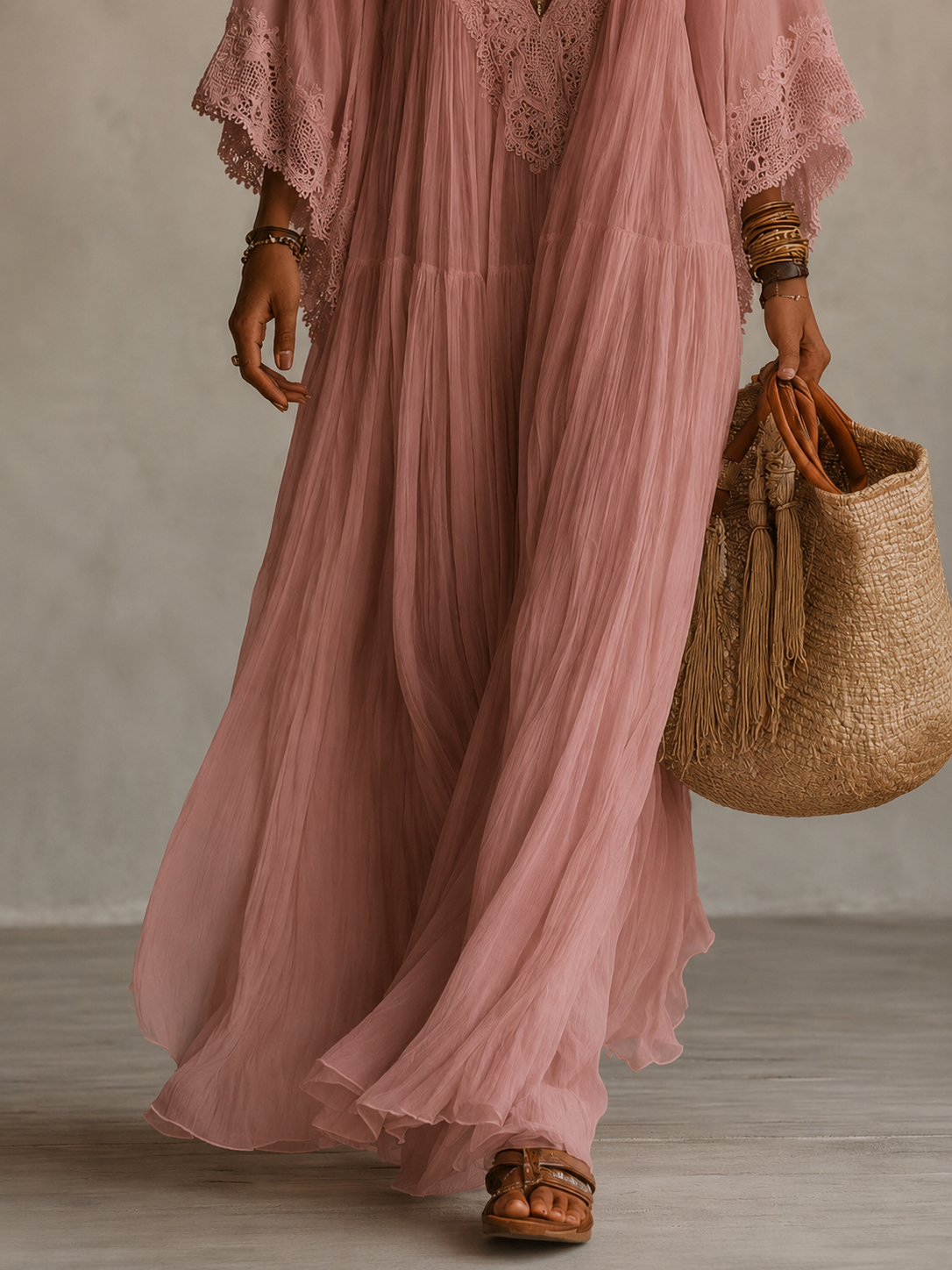 Colette | Long Ivory Chiffon and Lace Dress
