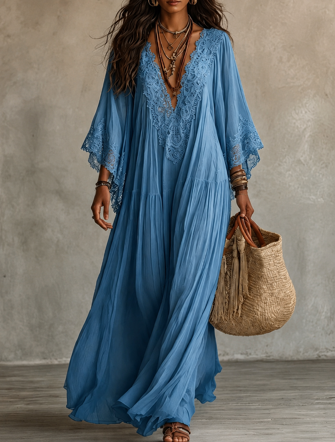 Colette | Long Ivory Chiffon and Lace Dress