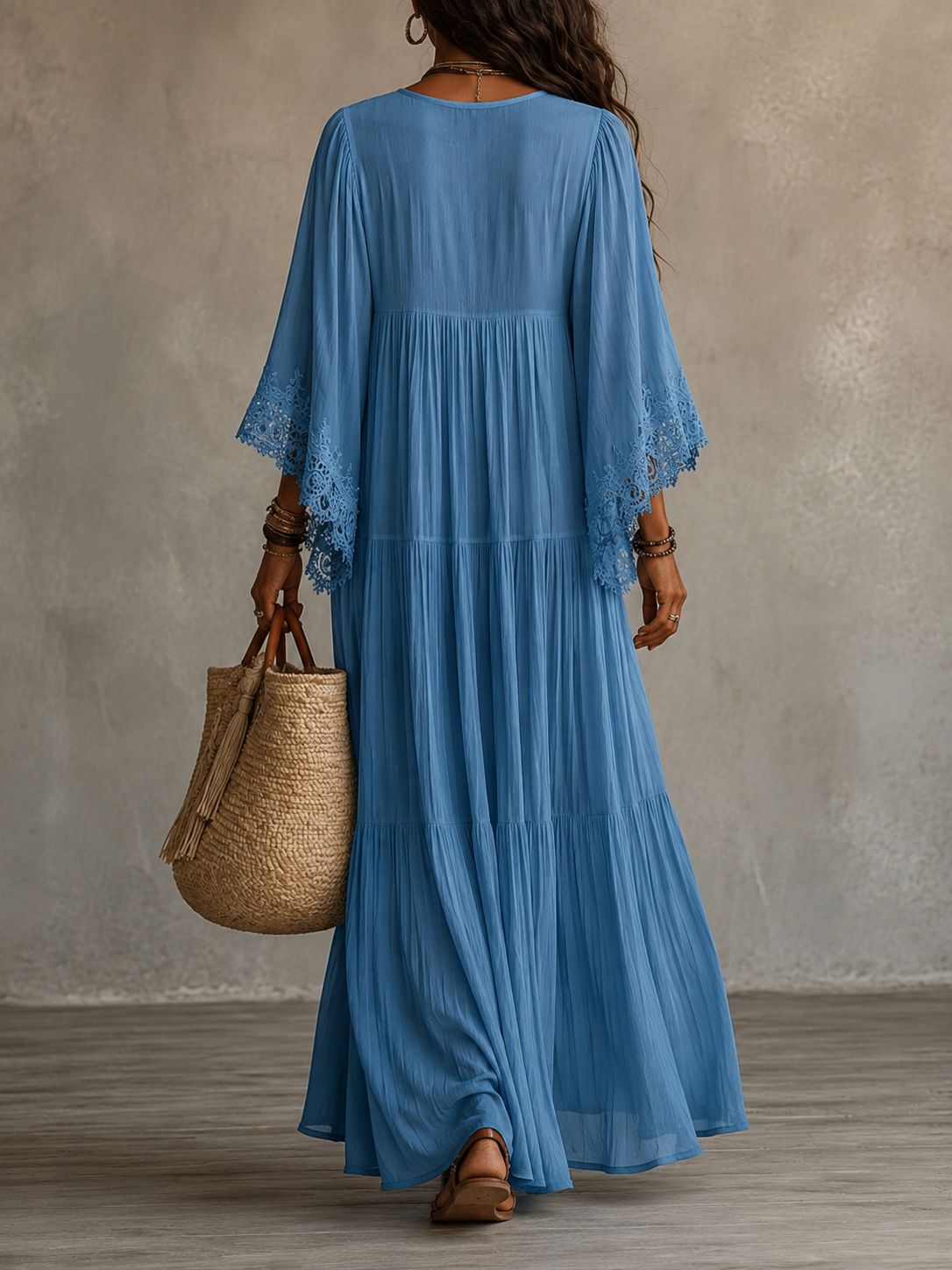 Colette | Long Ivory Chiffon and Lace Dress