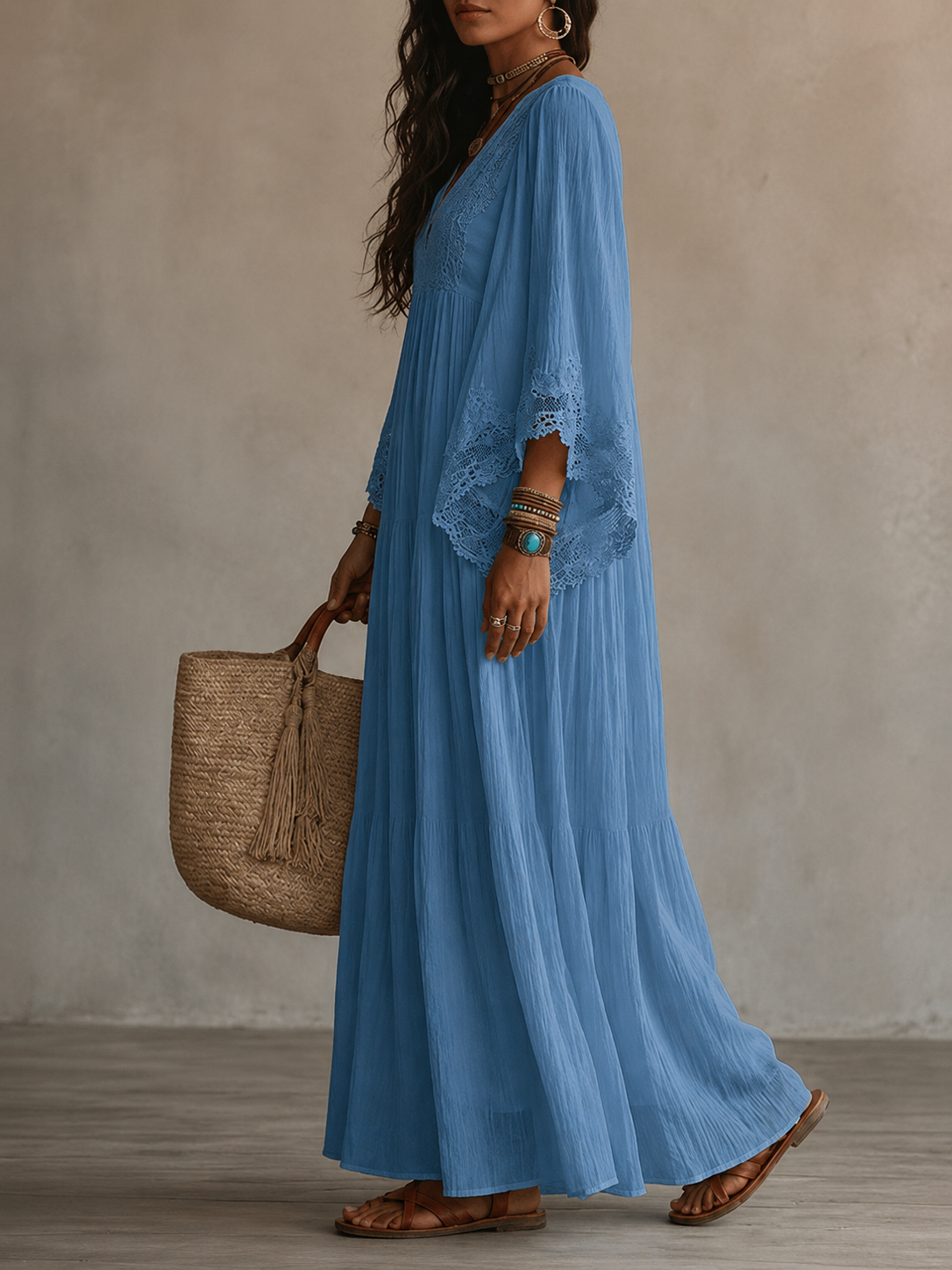 Colette | Long Ivory Chiffon and Lace Dress
