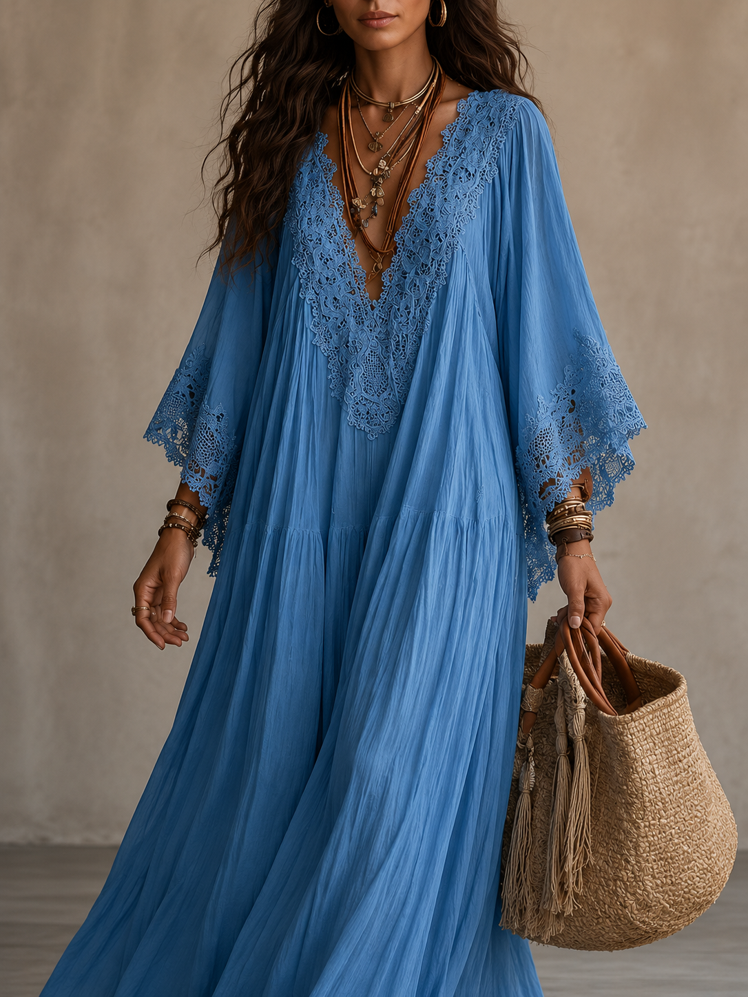 Colette | Long Ivory Chiffon and Lace Dress
