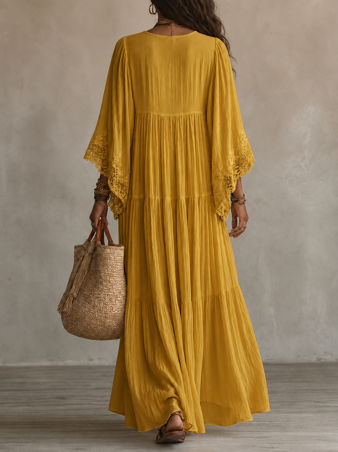 Colette | Long Ivory Chiffon and Lace Dress