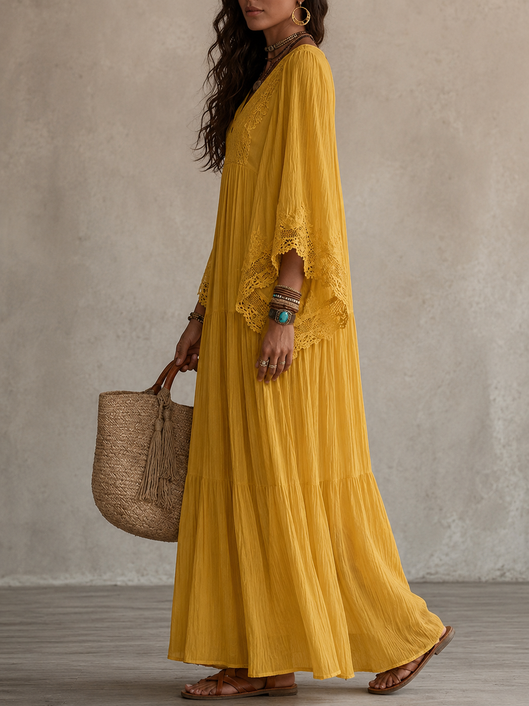 Colette | Long Ivory Chiffon and Lace Dress