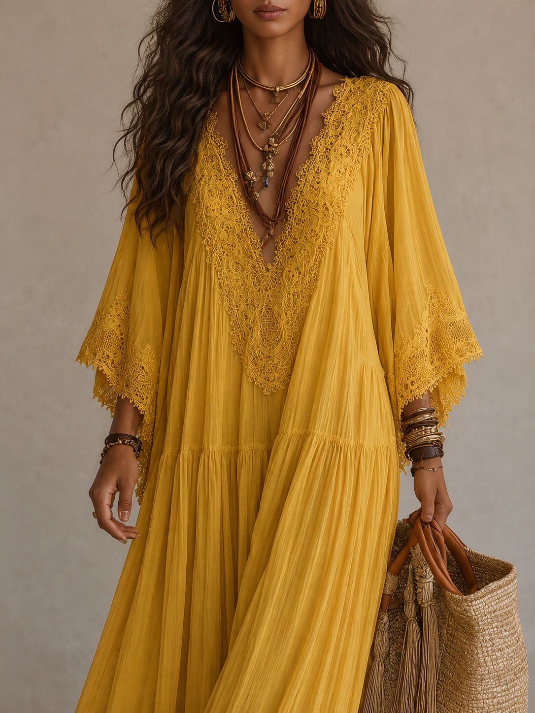 Colette | Long Ivory Chiffon and Lace Dress
