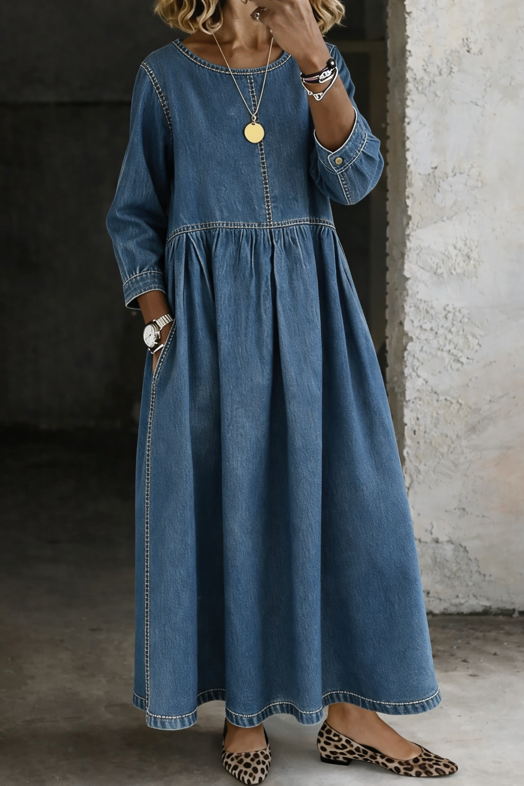 Melissa | Long Sleeve Round Neck Denim Maxi Dress