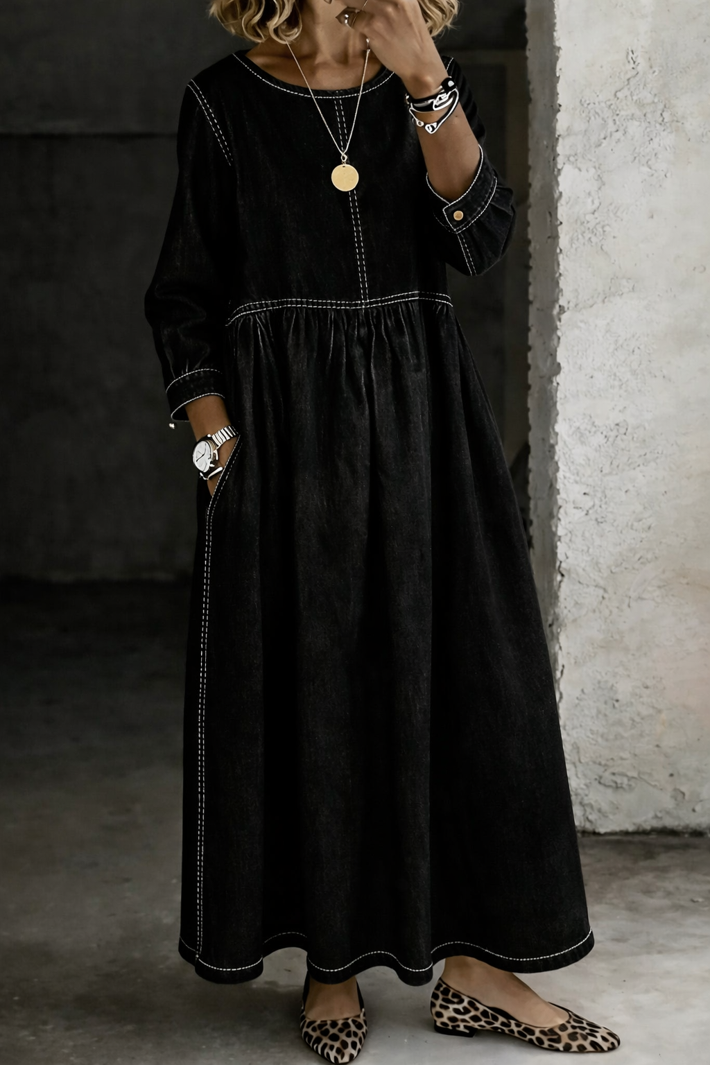 Melissa | Long Sleeve Round Neck Denim Maxi Dress
