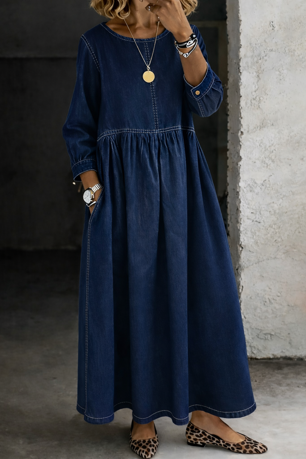 Melissa | Long Sleeve Round Neck Denim Maxi Dress