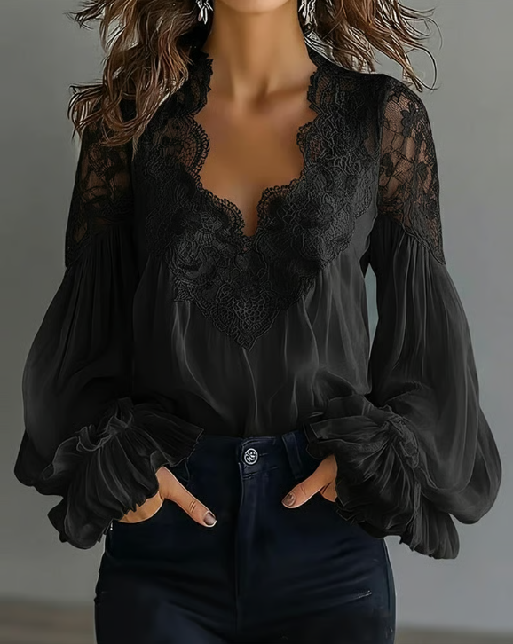 Laceva | Blouse with floral lace and lantern sleeves