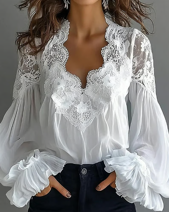 Laceva | Blouse with floral lace and lantern sleeves