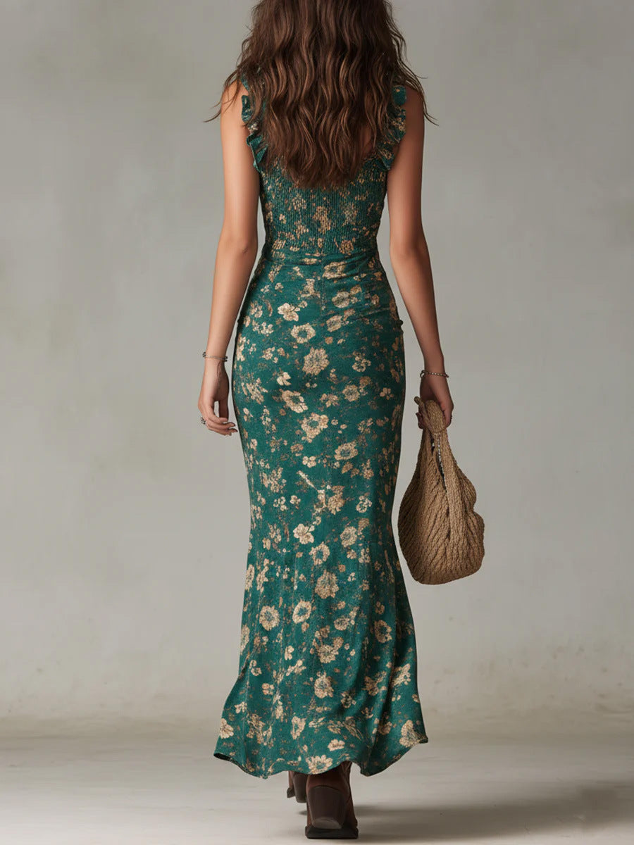 Lora | Smocked Floral Ruffle Split Maxi Dress