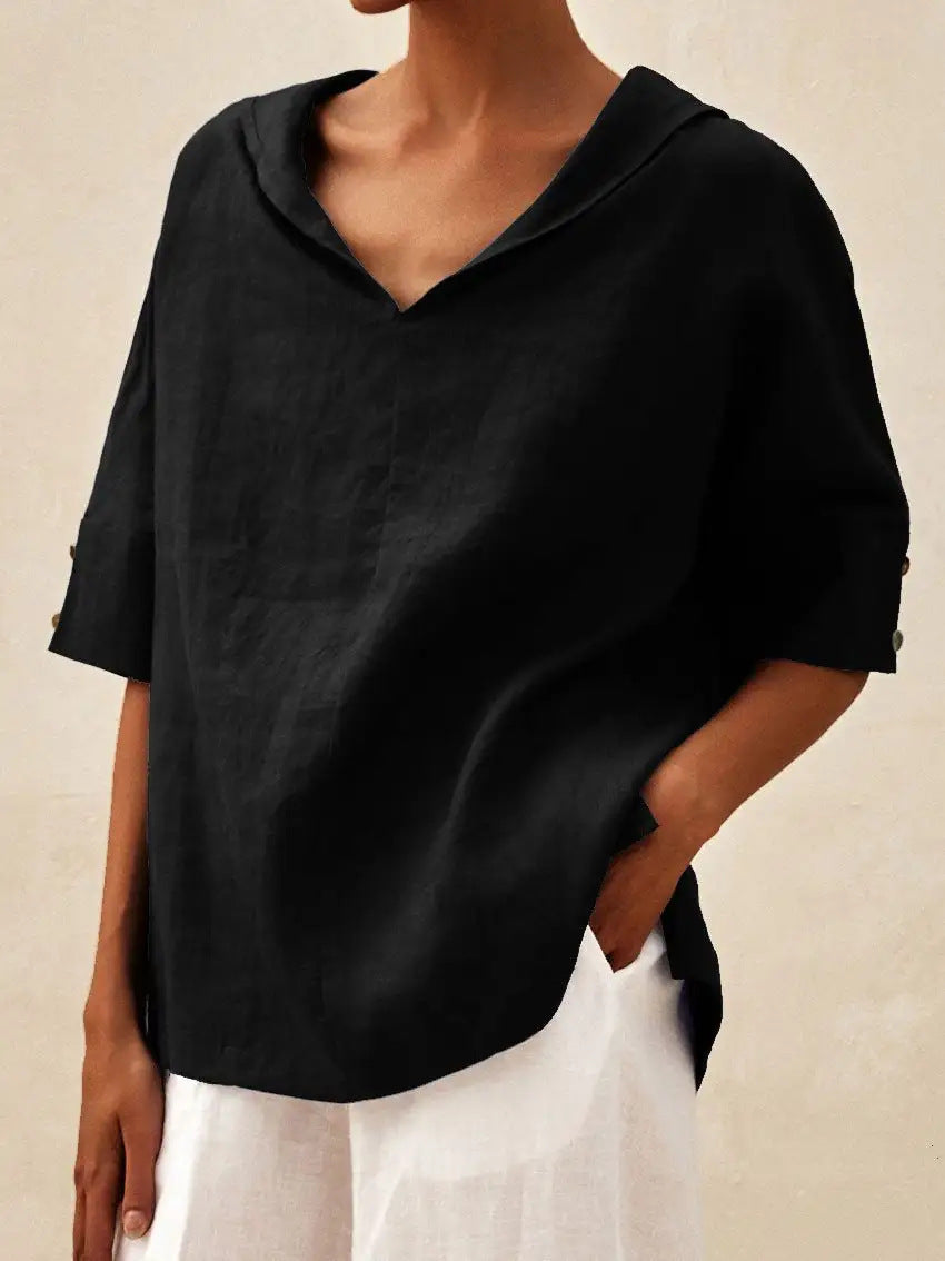 The classic linen blouse with a V-neck