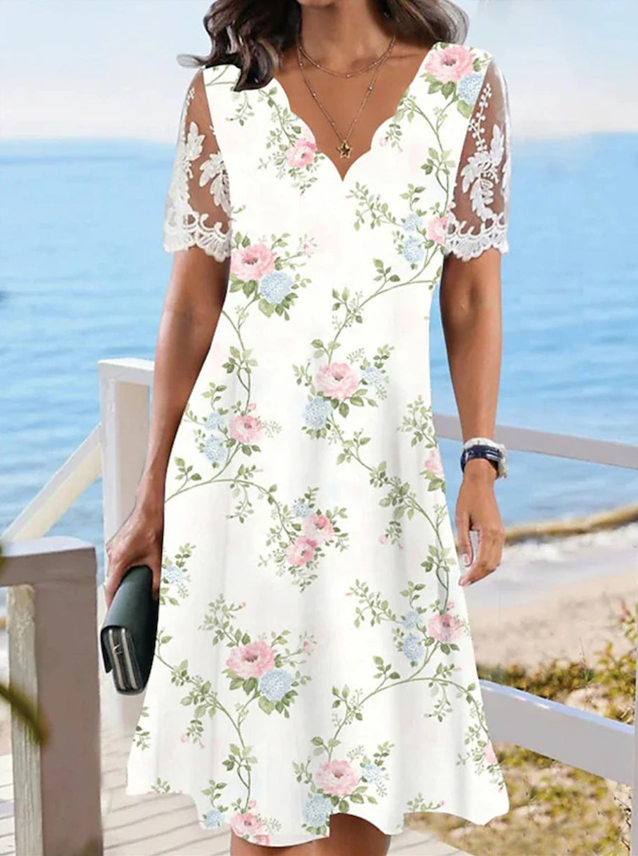 Eleanor™ | Lace Sleeve Floral Print Midi Dress