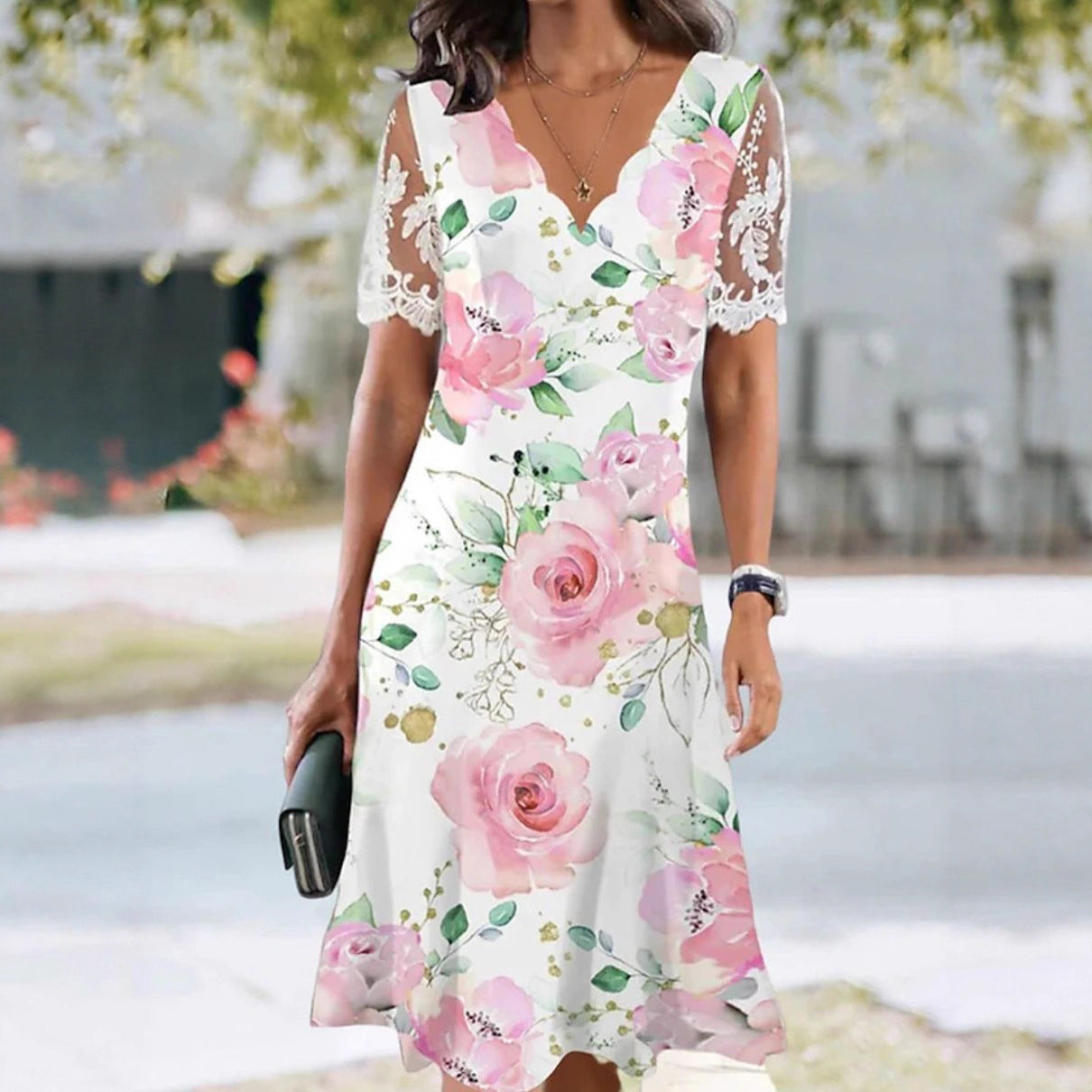 Eleanor™ | Lace Sleeve Floral Print Midi Dress